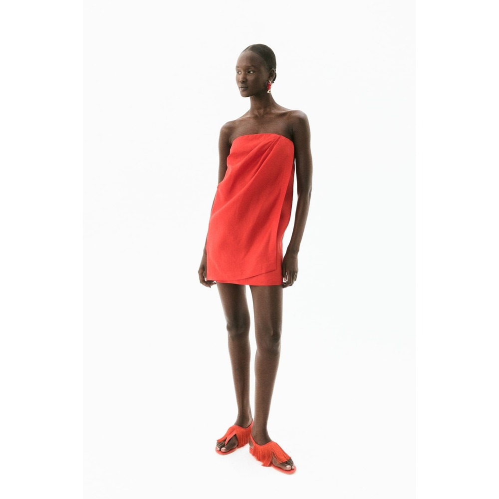 H&M Edition NWT Size Med Red Linen Bandeau Mini Dress Draped Wrap Front